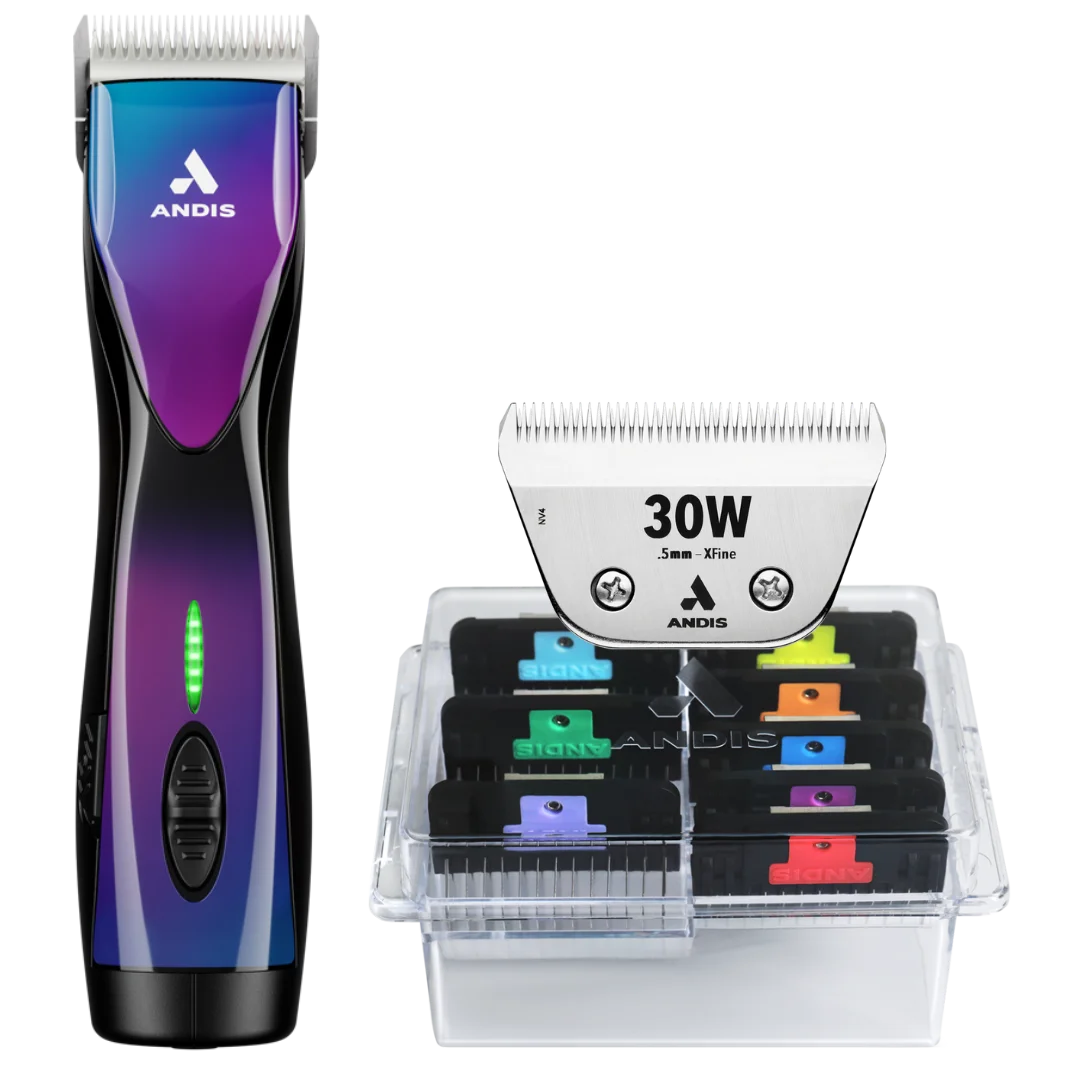 andis-pulse-zr-ii-purple-galaxy-clipper-with-30w-blade-and-8pc-wide-comb-attachment-bundle